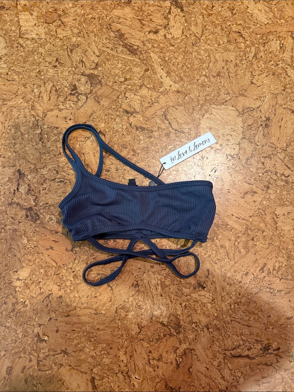 For Love & Lemons Navy Ribbed One-Shoulder Wrap Bikini Top